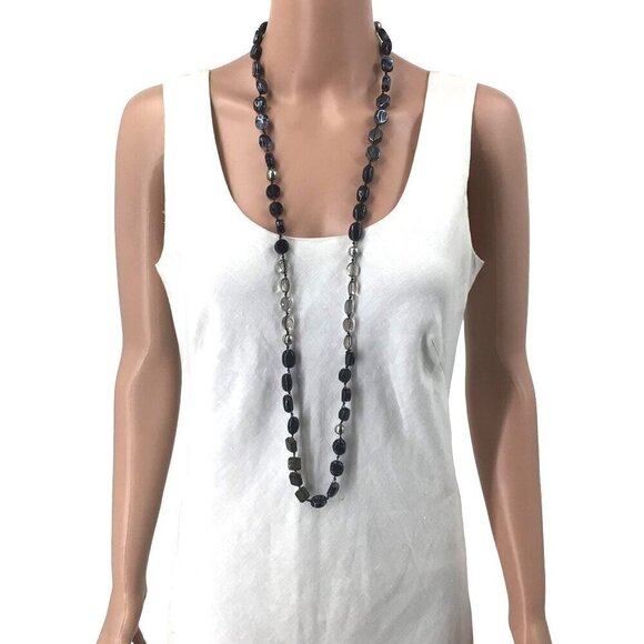 Long Necklace Mixed Beads Glass Acrylic Black Gray Silver Tones 40 Inch - Picture 2 of 2